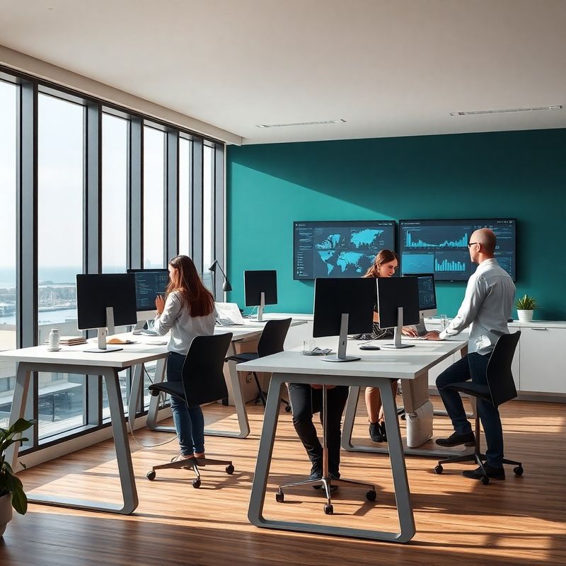 Mercer House team working at standing desks in a Constanța office